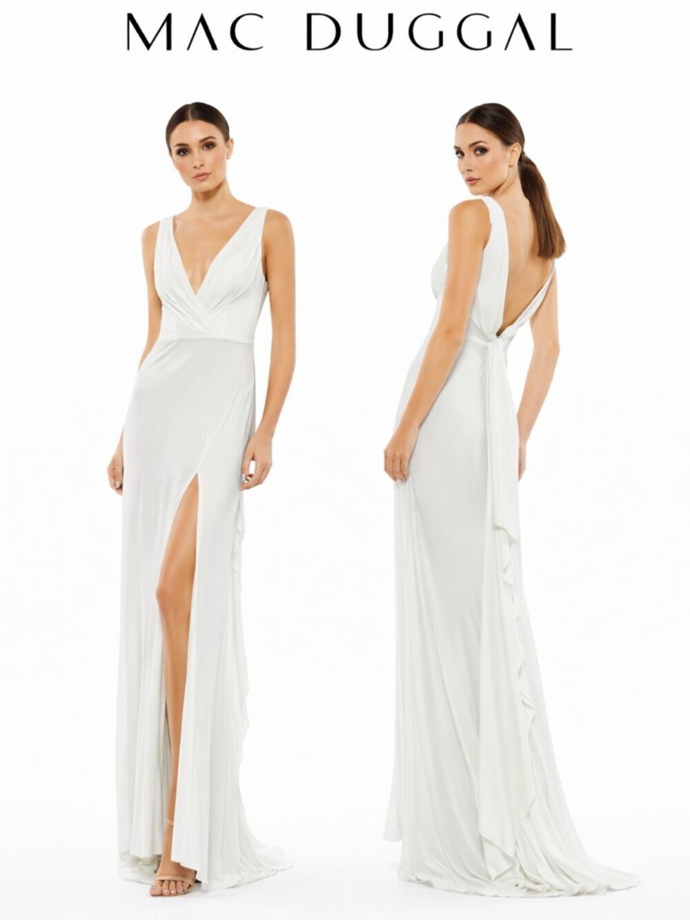 Mac Duggal  White Jersey Knit Evening Gown with Modern Wrap Detailing Size 0 NWT